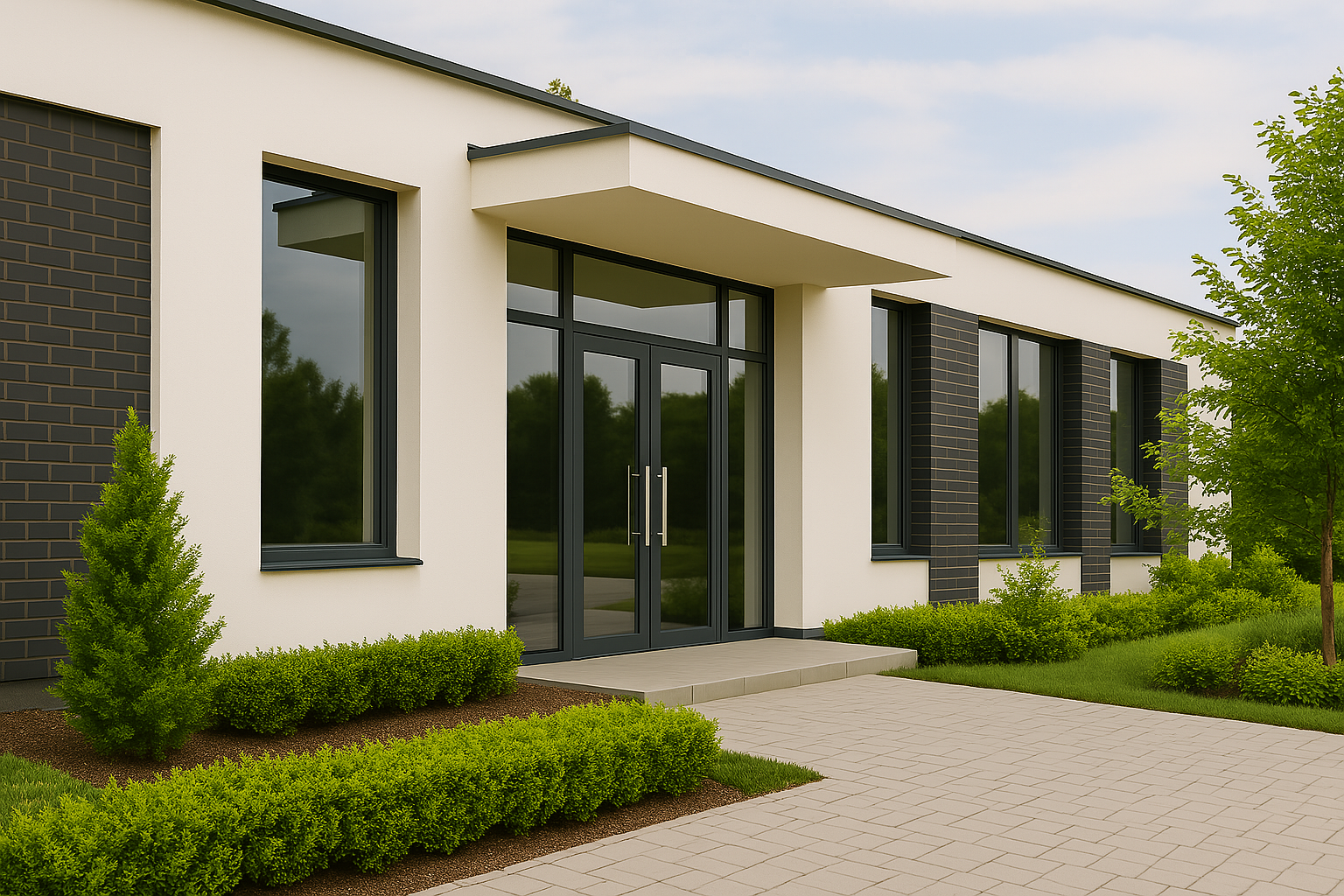a building with a walkway and a door